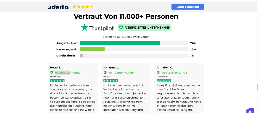 Derilas angebliche Trustpilot Bewertung